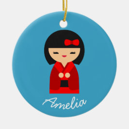 Ornamento De Cerâmica Bonecas japonesas de laranja-branca Kokeshi