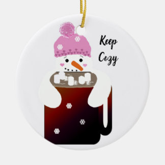 Ornamento De Cerâmica Boneco de Neve Abraçando uma Caneca de Chocolate Q