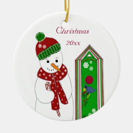Ornamento De Cerâmica Boneco de Neve Alegre e Casa de Pássaro
