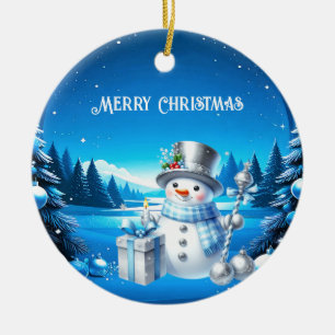 Ornamento De Cerâmica Boneco de Neve Alegre em uma Floresta Nevada
