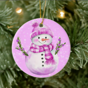 Ornamento De Cerâmica Boneco de Neve Alegre Rosa Personalizado