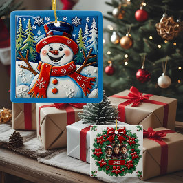 Ornamento De Cerâmica Boneco de Neve Animado Natal Personalizável