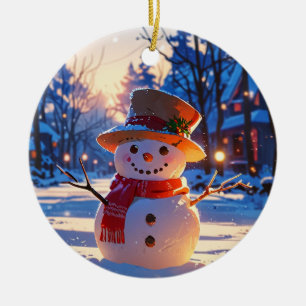 Ornamento De Cerâmica Boneco de Neve ao Crepúsculo na Rua Festiva
