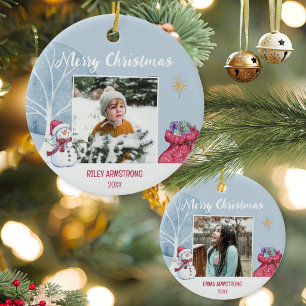 Ornamento De Cerâmica Boneco de Neve Azul Aquarela Foto de Natal de Inve