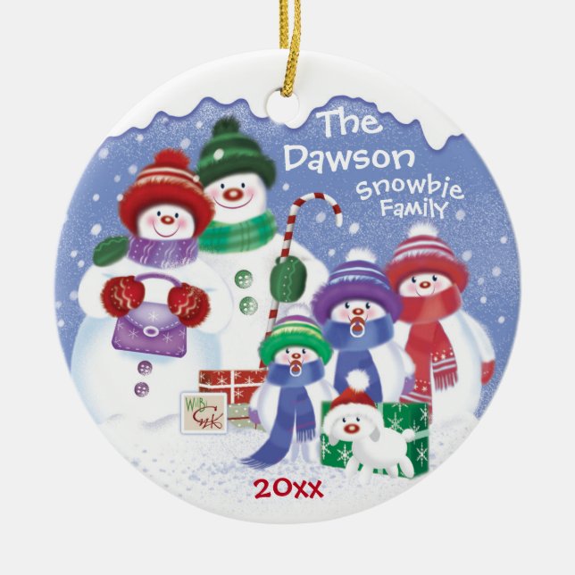 Ornamento De Cerâmica "Boneco de neve bonito, família de 5 Snowbies, (Frente)