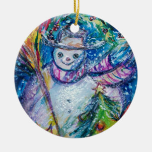 ORNAMENTO DE CERÂMICA BONECO DE NEVE COM ÁRVORE E BRINQUEDOS DE NATAL