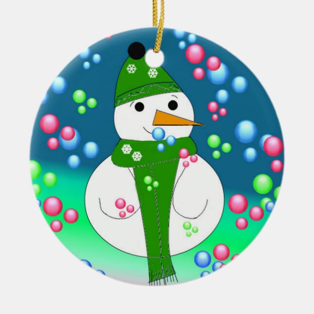 Ornamento De Cerâmica Boneco de Neve com Bolhas Flutuantes (Frente)
