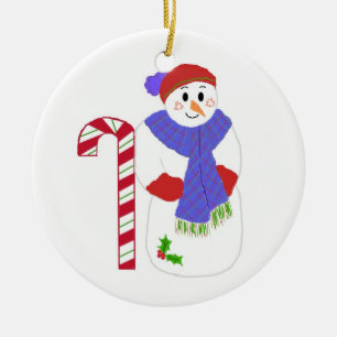 Ornamento De Cerâmica Boneco de Neve com Cana de Açúcar
