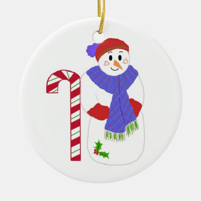 Ornamento De Cerâmica Boneco de Neve com Cana de Açúcar (Frente)