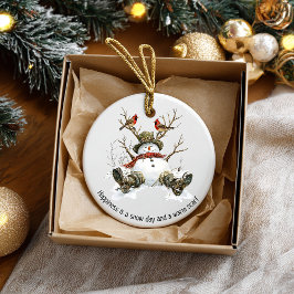 Ornamento De Cerâmica Boneco de Neve com Cardinals