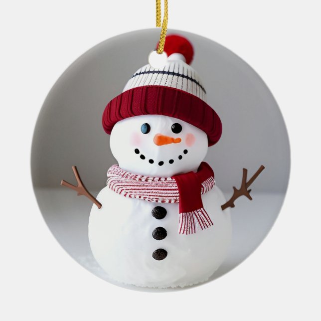 Ornamento De Cerâmica Boneco de neve com chapéu fofo (Frente)