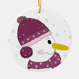Ornamento De Cerâmica Boneco de Neve com Chapéu Roxo e Cachecol