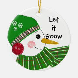 Ornamento De Cerâmica Boneco de Neve com Chapéu Verde e Cachecol
