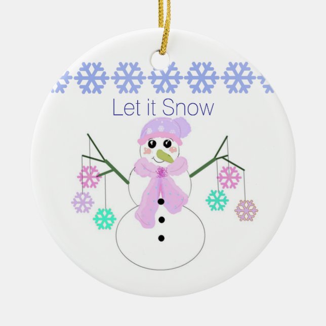 Ornamento De Cerâmica Boneco de Neve com Flocos de Neve (Frente)