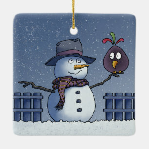 Ornamento De Cerâmica Boneco de Neve com Pássaro