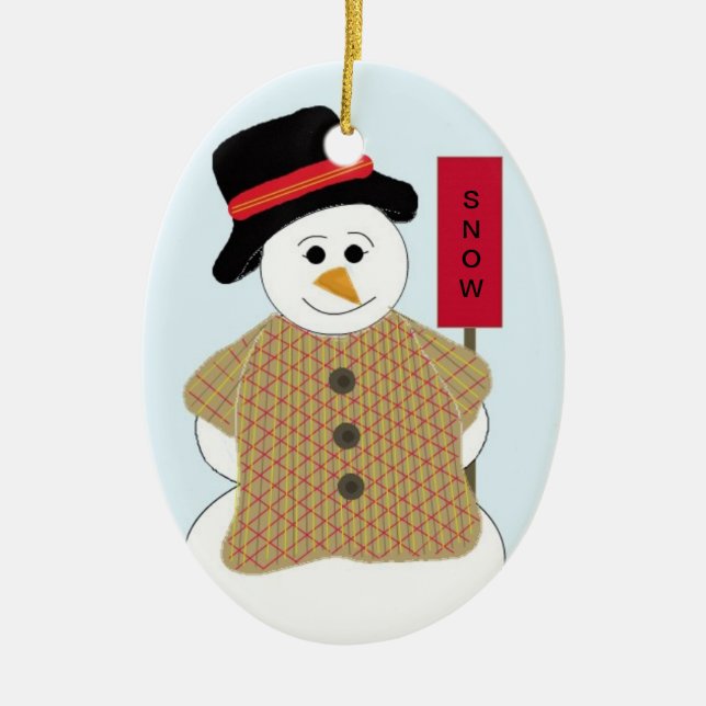 Ornamento De Cerâmica Boneco de Neve com Placa de Neve (Frente)