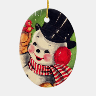 Ornamento De Cerâmica Boneco de neve do vintage com pássaro vermelho