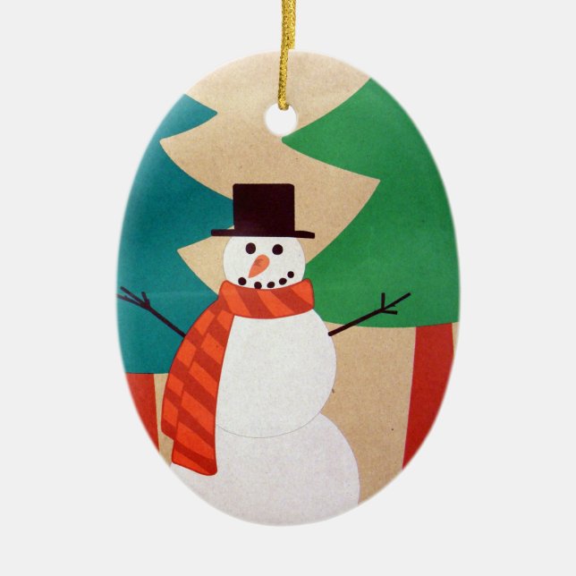 Ornamento De Cerâmica Boneco de Neve e Árvores de Natal (Frente)