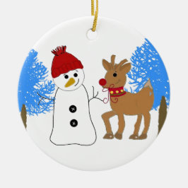 Ornamento De Cerâmica Boneco de Neve e Rena na Floresta