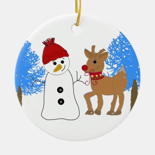 Ornamento De Cerâmica Boneco de Neve e Rena na Floresta (Frente)