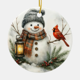 Ornamento De Cerâmica Boneco de Neve em Aquarela – Lanterna & Cardinal