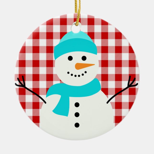 Ornamento De Cerâmica Boneco de Neve em Xadrez (Frente)