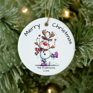 Ornamento De Cerâmica Boneco de Neve Família Rena Nome Ano Fofo