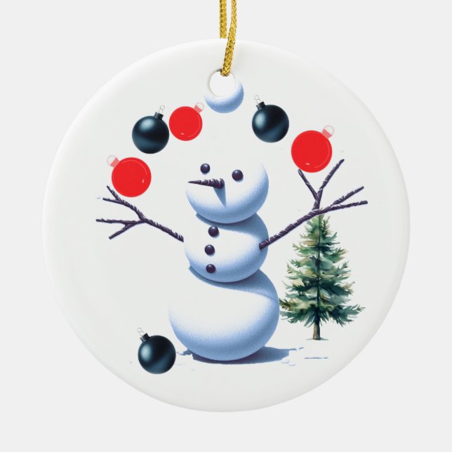 Ornamento De Cerâmica Boneco de Neve Faz Malabarismo com Bolas de Natal (Frente)