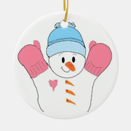 Ornamento De Cerâmica Boneco de Neve Feliz com Luvas Rosa