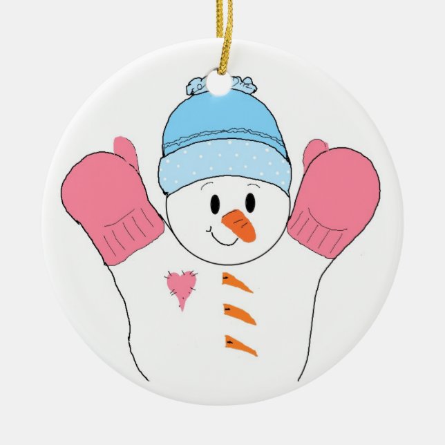Ornamento De Cerâmica Boneco de Neve Feliz com Luvas Rosa (Frente)