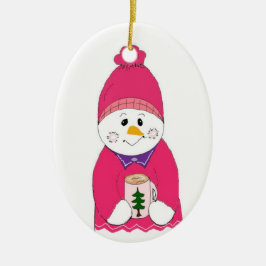 Ornamento De Cerâmica Boneco de Neve Menina com Touca Rosa