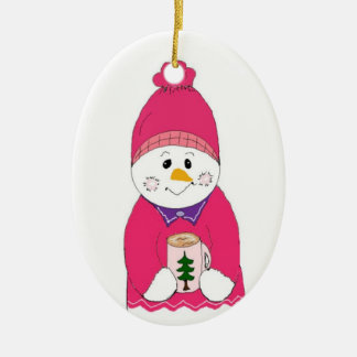 Ornamento De Cerâmica Boneco de Neve Menina com Touca Rosa