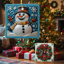 Ornamento De Cerâmica Boneco de Neve na Neve Natal Personalizável