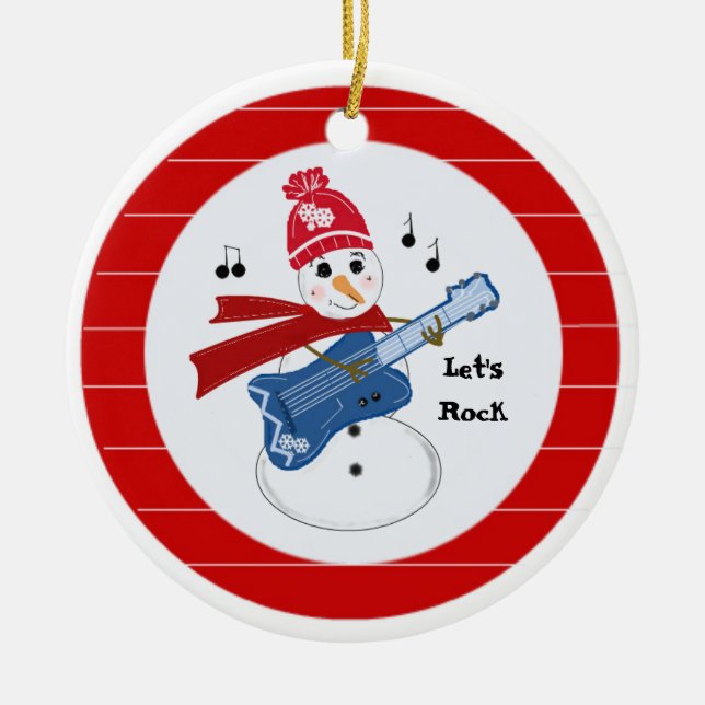 Ornamento De Cerâmica Boneco de Neve Tocando Guitarra Elétrica de Rock (Frente)