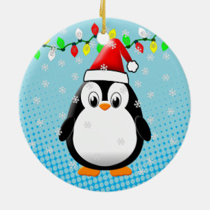 Ornamento De Cerâmica Bonita Cartoon Penguin Santa Hat Luzes de Natal