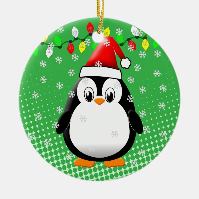 Ornamento De Cerâmica Bonita Cartoon Penguin Santa Hat Luzes de Natal (Frente)