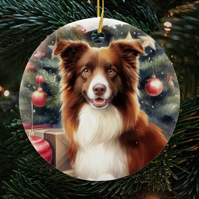 Ornamento De Cerâmica Bonita fronteira castanha Collie Natal (Criador carregado)