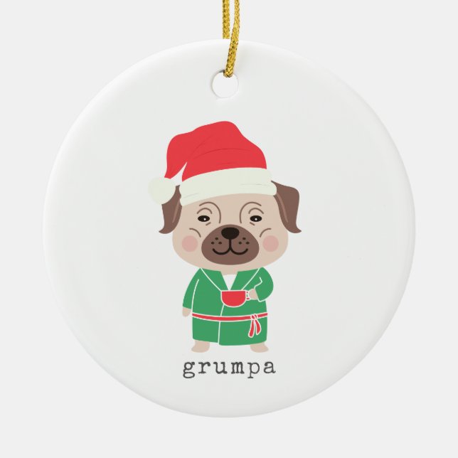 Ornamento De Cerâmica Bonita manhã de Natal Café Buldogue Grumpa (Frente)