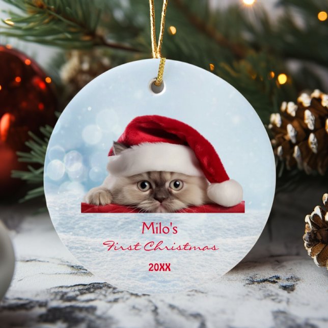Ornamento De Cerâmica Bonita Ragdoll Cat Santa Hat Paw Snow Personalizad (Criador carregado)