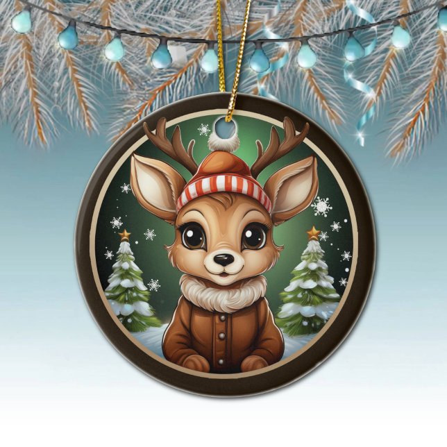 Ornamento De Cerâmica Bonita Reindeer, Veado, Barras, Doe, Neve De Natal (Cute Rustic Reindeer hanging Christmas Decor, Deer, Antlers, Doe, Fawn Xmas Snow Ceramic Ornament)