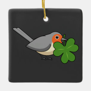 Ornamento De Cerâmica Bonita Robin com o Cartoon Shamrock Clover