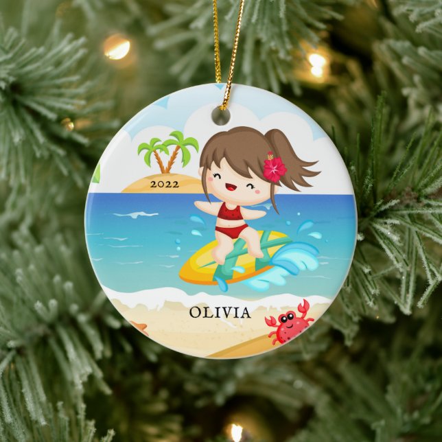 Ornamento De Cerâmica Bonita surfista personalizada no Natal (Árvore)