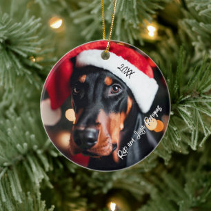 Ornamento De Cerâmica Bonito Black e Tan Doberman com Santa Hat