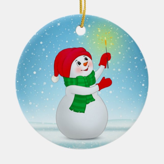 Ornamento De Cerâmica Bonito boneco de neve e flocos de neve de Natal (Frente)