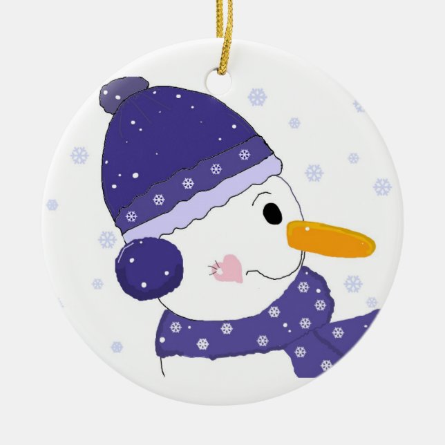Ornamento De Cerâmica Bonito boneco de neve em Blue Hat e Scarf (Frente)