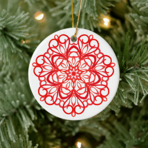 Ornamento De Cerâmica Bonito Branco e Vermelho Mandala Bonito