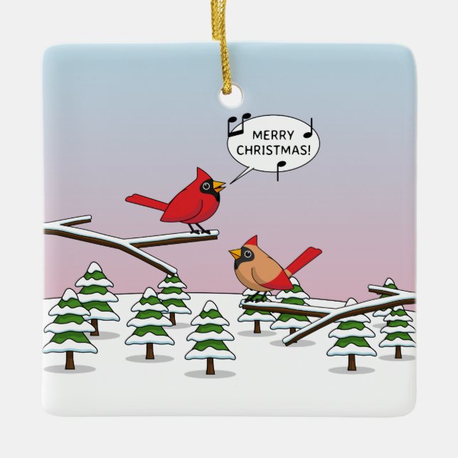 Ornamento De Cerâmica Bonito Cardeal Vermelho Cantando Feliz Natal (Frente)