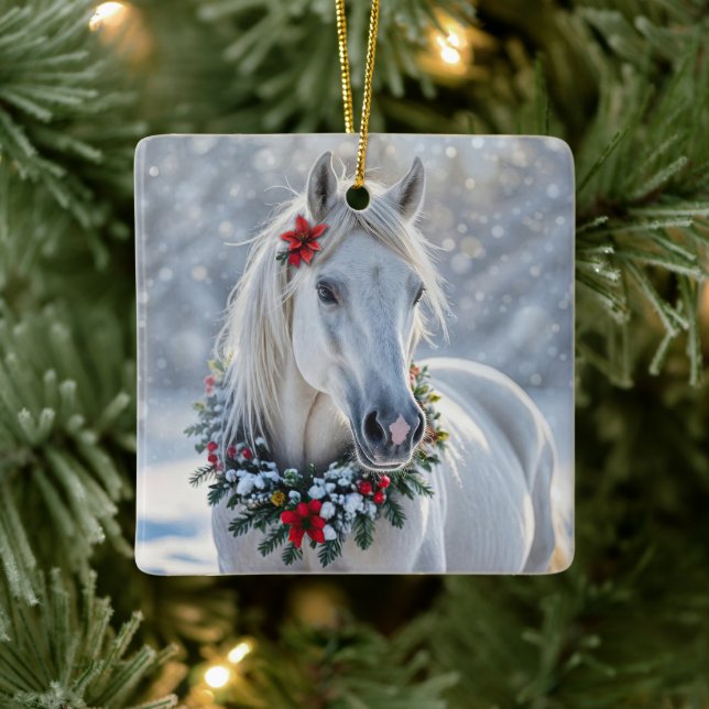 Ornamento De Cerâmica Bonito Cavalo Branco com Férias de Natal em Terra (Árvore)