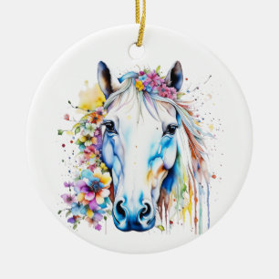 Ornamento De Cerâmica Bonito Cavalo Branco Floral Personalizado