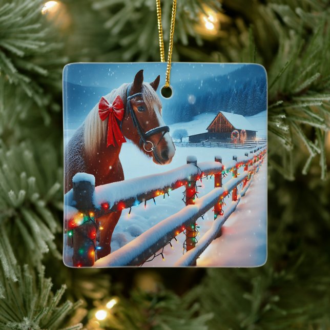 Ornamento De Cerâmica Bonito Cavalo Marrom com Natal Arco Personalizado (Árvore)